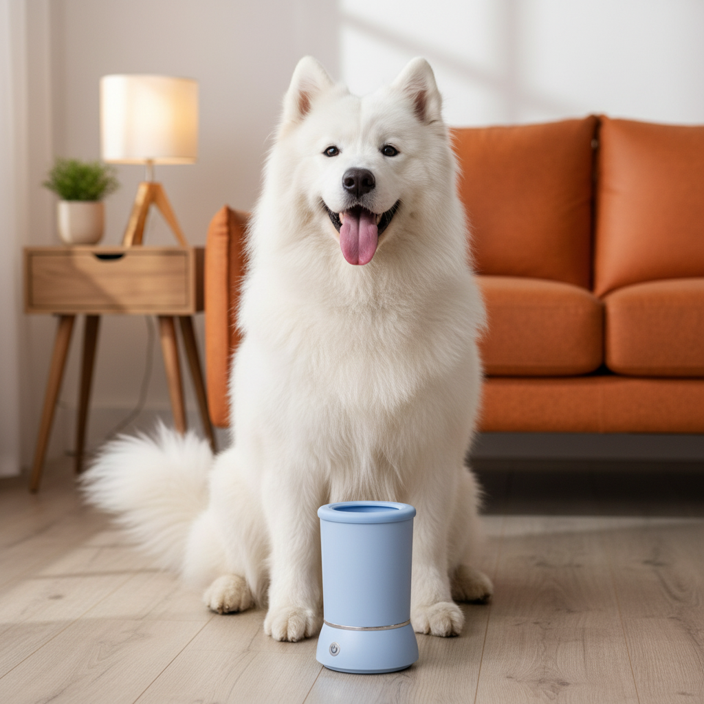 Samoyed with paw washer lifestyle shot